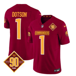 Men's Washington Commanders #1 Jahan Dotson Burgundy 2023 F.U.S.E. 90th Anniversary Vapor Limited Stitched Football Jersey