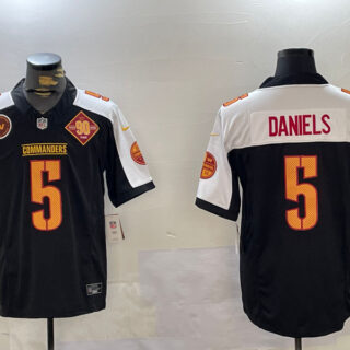 Men's Washington Commanders #5 Jayden Daniels Black White 2024 F.U.S.E. 90th Anniversary Vapor Limited Stitched Football Jerseys