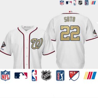Men's Washington Nationals #22 Juan Soto White 2019 World Series Champions Gold Program Cool Base Jersey