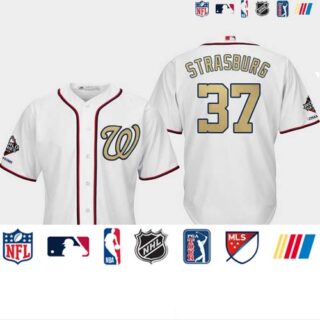Men's Washington Nationals #37 Stephen Strasburg White 2019 World Series Champions Gold Program Cool Base Jersey