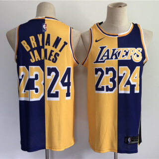 Men Los Angeles Lakers 24 Bryant 23 james purple yellow split special 2021 nike nba jersey