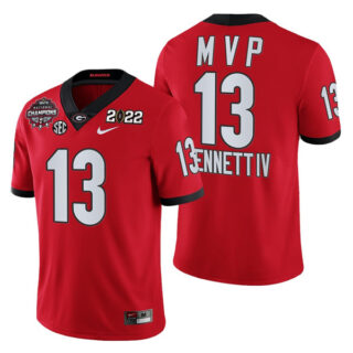 Men's Georgia Bulldogs #13 Stetson Bennett 2021 22 CFP National Champions MVP Red College Football Stitched Jersey