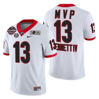 Men's Georgia Bulldogs #13 Stetson Bennett 2021 22 CFP National Champions MVP White College Football Stitched Jersey