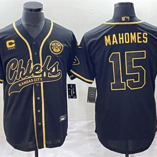 Men's Kansas City Chiefs #15 Patrick Mahomes Black Gold With 4-Star C Patch Cool Bae Stitched Baseball Jersey
