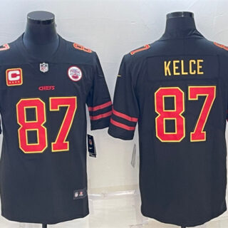 Men's Kansas City Chiefs #87 Travis Kelce Black Red Gold 4-Star C Patch Vapor Untouchable Limited Stitched Jersey
