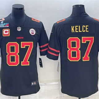 Men's Kansas City Chiefs #87 Travis Kelce Black Red Gold Super Bowl LVII Patch And 4-Star C Patch Vapor Untouchable Limited Stitched Jersey