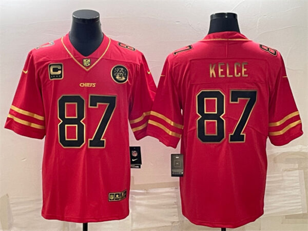 Men's Kansas City Chiefs #87 Travis Kelce Red Gold 4-Star C Patch Vapor Untouchable Limited Stitched Jersey