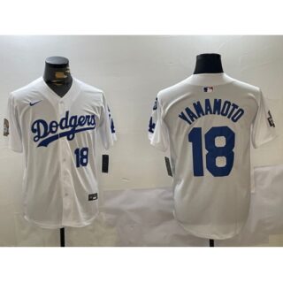 Mens Los Angeles Dodgers #18 Yoshinobu Yamamoto White 2024 World Series With Fernando Memorial Home Limited Stitched Baseball Jersey