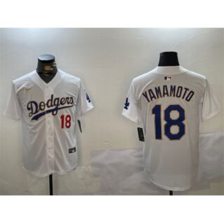 Men's Los Angeles Dodgers #18 Yoshinobu Yamamoto White Gold Home Limited Stitched Baseball Jerseys