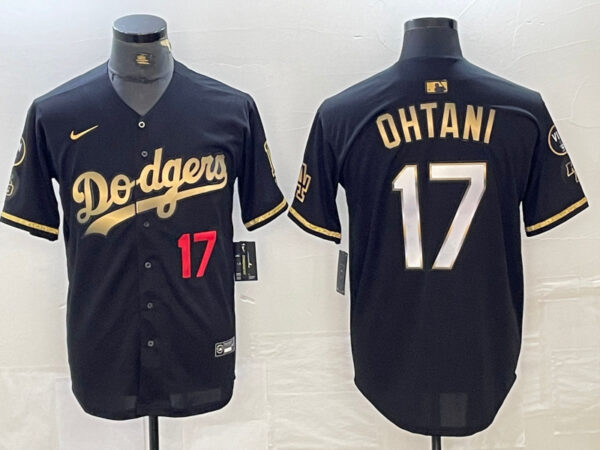 Men's Los Angeles Dodgers #17 Shohei Ohtani Number Black Gold Stitched Cool Base Nike Jersey