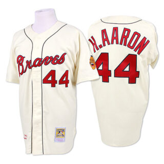 Big Size Mitchell and Ness 1963 Atlanta Braves #44 Hank Aaron Authentic Cream Throwback MLB Jersey