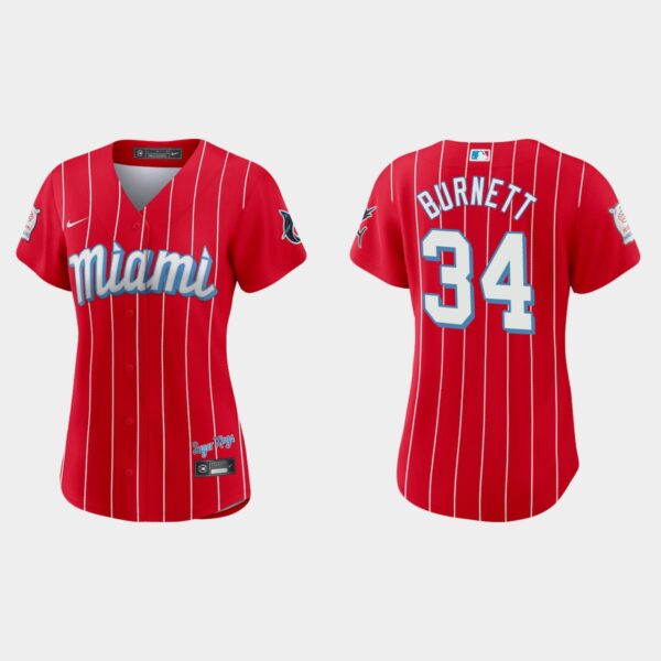 Miami Marlins #34 A.J. Burnett Women's Nike 2021 City Connect Authentic MLB Jersey Red