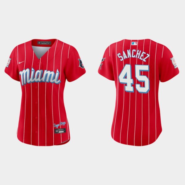 Miami Marlins #45 Sixto Sanchez Women's Nike 2021 City Connect Authentic MLB Jersey Red