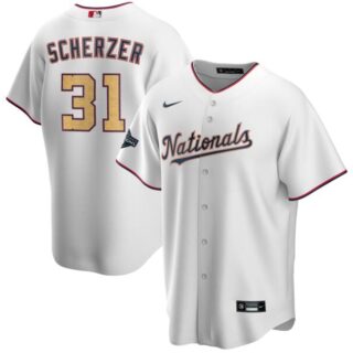 Nationals 31 Max Scherzer White Gold Nike 2020 Gold Program Cool Base Jersey