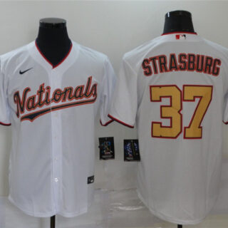 Nationals 37 Stephen Strasburg White Gold Nike 2020 Gold Program Cool Base Jersey