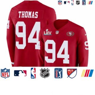Nike 49ers #94 Solomon Thomas Red Super Bowl LIV 2020 Team Color Men's Stitched NFL Limited Therma Long Sleeve Jersey