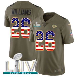 Nike Chiefs #26 Damien Williams Olive USA Flag Super Bowl LIV 2020 Men's Stitched NFL Limited 2017 Salute To Service Jersey