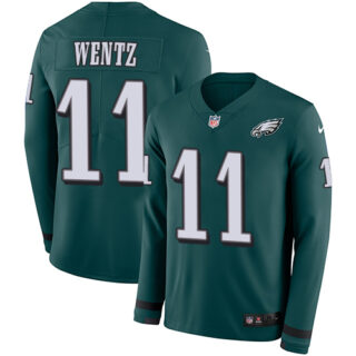 Nike Eagles #11 Carson Wentz Midnight Green Team Color Men's Stitched NFL Limited Therma Long Sleeve Jersey