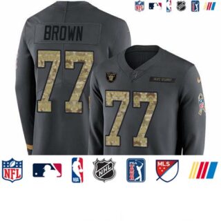 Nike Raiders #77 Trent Brown Anthracite Salute to Service Men's Stitched NFL Limited Therma Long Sleeve Jersey