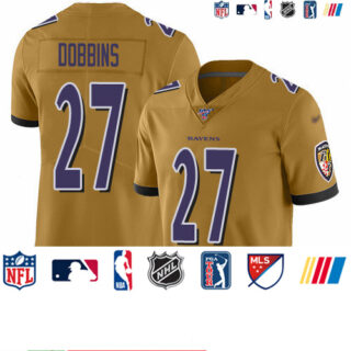 Nike Ravens #27 J.K. Dobbins Gold Men's Stitched NFL Limited Inverted Legend 100th Season Jersey