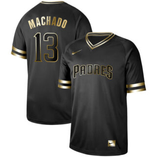 Padres 13 Manny Machado Black Gold Nike Cooperstown Collection Legend V Neck Jersey