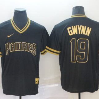 Padres 19 Tony Gwynn Black Gold Nike Cooperstown Collection Legend V Neck Jersey