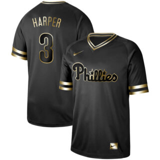 Phillies 3 Bryce Harper Black Gold Nike Cooperstown Collection Legend V Neck Jersey