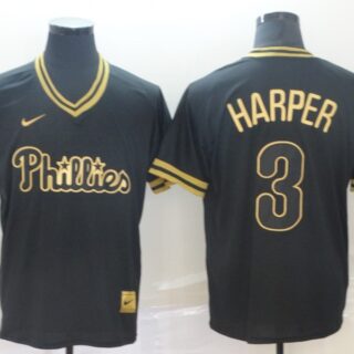 Phillies 3 Bryce Harper Black Gold Nike Cooperstown Collection Legend V Neck Jersey