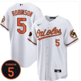 Men's Baltimore Orioles #5 Brooks Robinson White with #5 PATCH Cool Base Stitched Baseball Jersey