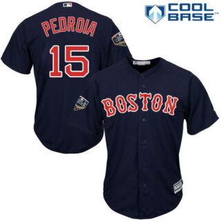 Red Sox #15 Dustin Pedroia Navy Blue New Cool Base 2018 World Series Stitched MLB Jersey