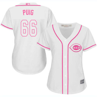 Reds #66 Yasiel Puig White Pink Fashion Women's Stitched Baseball Jersey