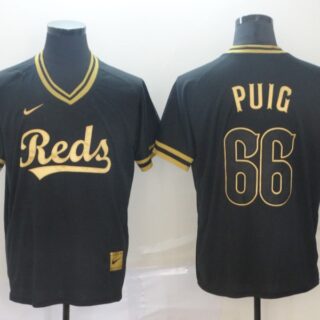 Reds 66 Yasiel Puig Black Gold Nike Cooperstown Collection Legend V Neck Jersey
