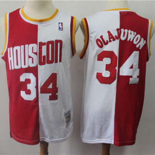 Rockets 34 Hakeem Olajuwon Red White Split 1993-94 Hardwood Classics Jersey