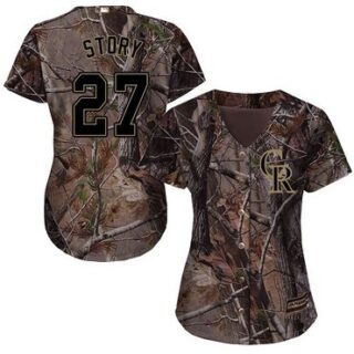 Rockies #27 Trevor Story Camo Realtree Collection Cool Base Women's Stitched Baseball Jersey