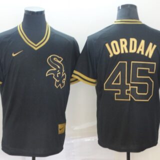 White Sox 45 Michael Jordan Black Gold Nike Cooperstown Collection Legend V Neck Jersey