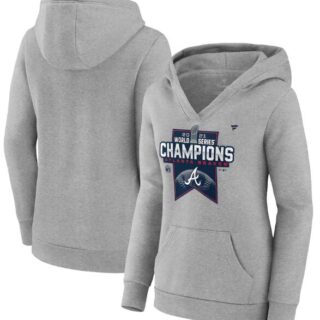 Women's Atlanta Braves 2021 Heathered Gray World Series Champions Locker Room Crossover Neck Pullover Hoodie(Run Small)