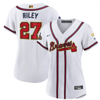 Women's Atlanta Braves #27 Austin Riley 2022 White Gold World Series Champions Program Stitched Jersey(Run Small)