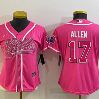 Women's Buffalo Bills #17 Josh Allen Pink With Patch Cool Base Stitched Baseball Jersey(Run Small)