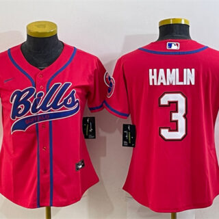 Women's Buffalo Bills #3 Damar Hamlin Red With Patch Cool Base Stitched Baseball Jersey(Run Small)