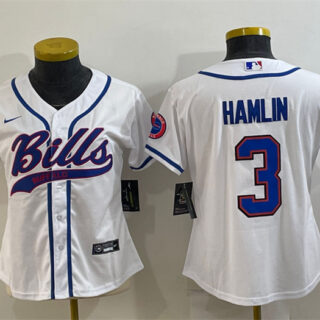 Women's Buffalo Bills #3 Damar Hamlin White With Patch Cool Base Stitched Baseball Jersey(Run Small)
