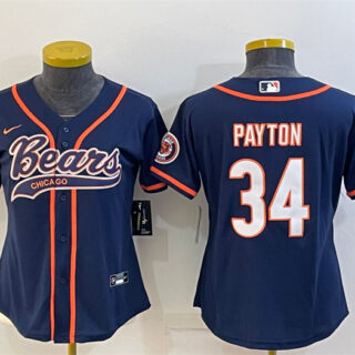 Women's Chicago Bears #34 Walter Payton Navy With Patch Cool Base Stitched Baseball Jersey(Run Small)
