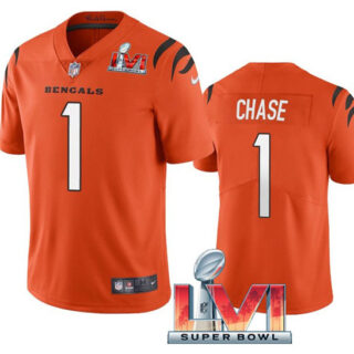 Women's Cincinnati Bengals #1 Ja'Marr Chase 2022 Orange Super Bowl LVI Vapor Limited Stitched Jersey