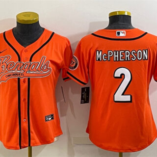 Women's Cincinnati Bengals #2 Evan McPherson Orange With Patch Cool Base Stitched Baseball Jersey(Run Small)