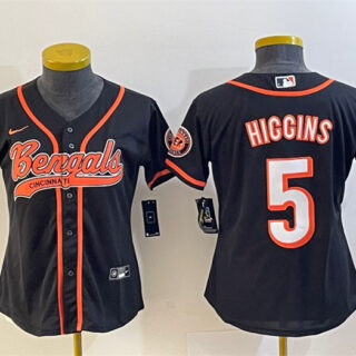 Women's Cincinnati Bengals #5 Tee Higgins Black With Patch Cool Base Stitched Baseball