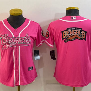 Women's Cincinnati Bengals Pink Team Big Logo With Patch Cool Base Stitched Baseball Jersey(Run Small)