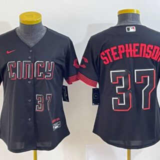 Women's Cincinnati Reds #37 Tyler Stephenson Black 2023 City Connect With Patch Stitched Baseball Jersey(Run Small)