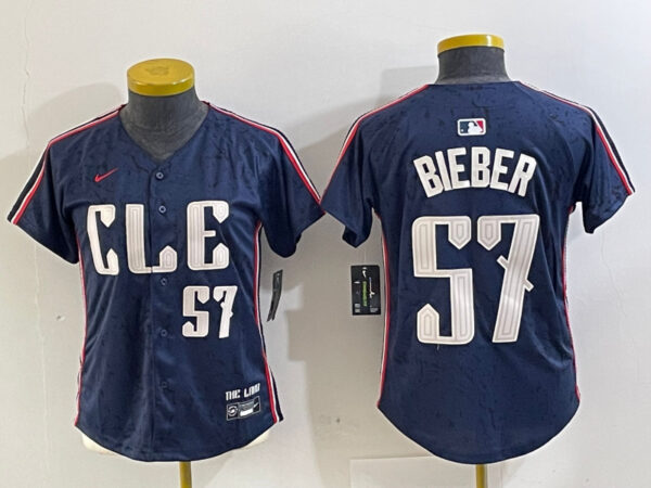 Women's Cleveland Guardians #57 Shane Bieber Navy 2024 City Connect Limited Stitched Baseball Jerseys