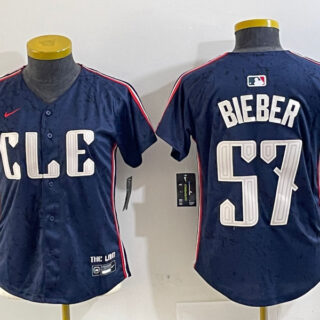 Women's Cleveland Guardians #57 Shane Bieber Navy 2024 City Connect Limited Stitched Baseball Jerseys