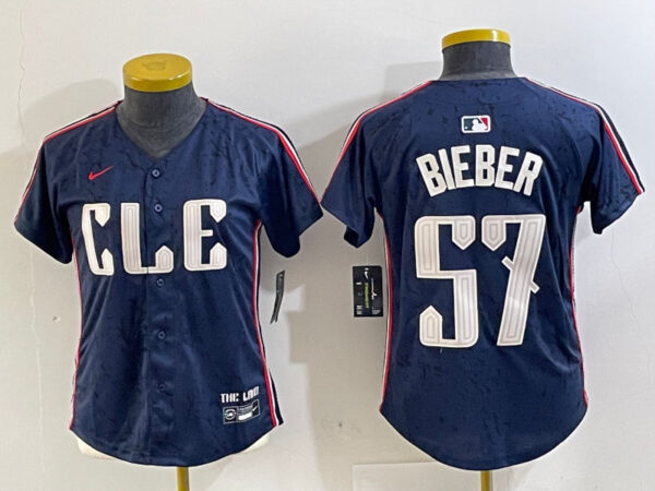 Women's Cleveland Guardians #57 Shane Bieber Navy 2024 City Connect Limited Stitched Baseball Jerseys