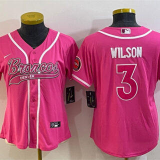 Women's Denver Broncos #3 Russell Wilson Pink With Patch Cool Base Stitched Baseball Jersey(Run Small)